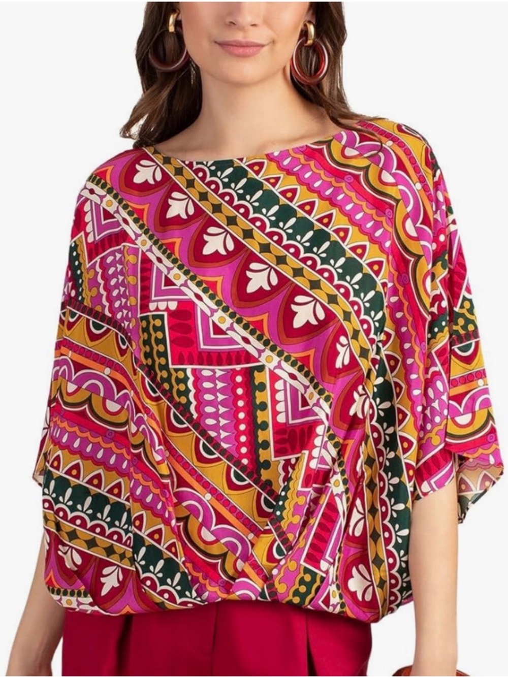 🔘 Trina Turk “Coralline” Bright Pink Multi Print blouse.   NWT